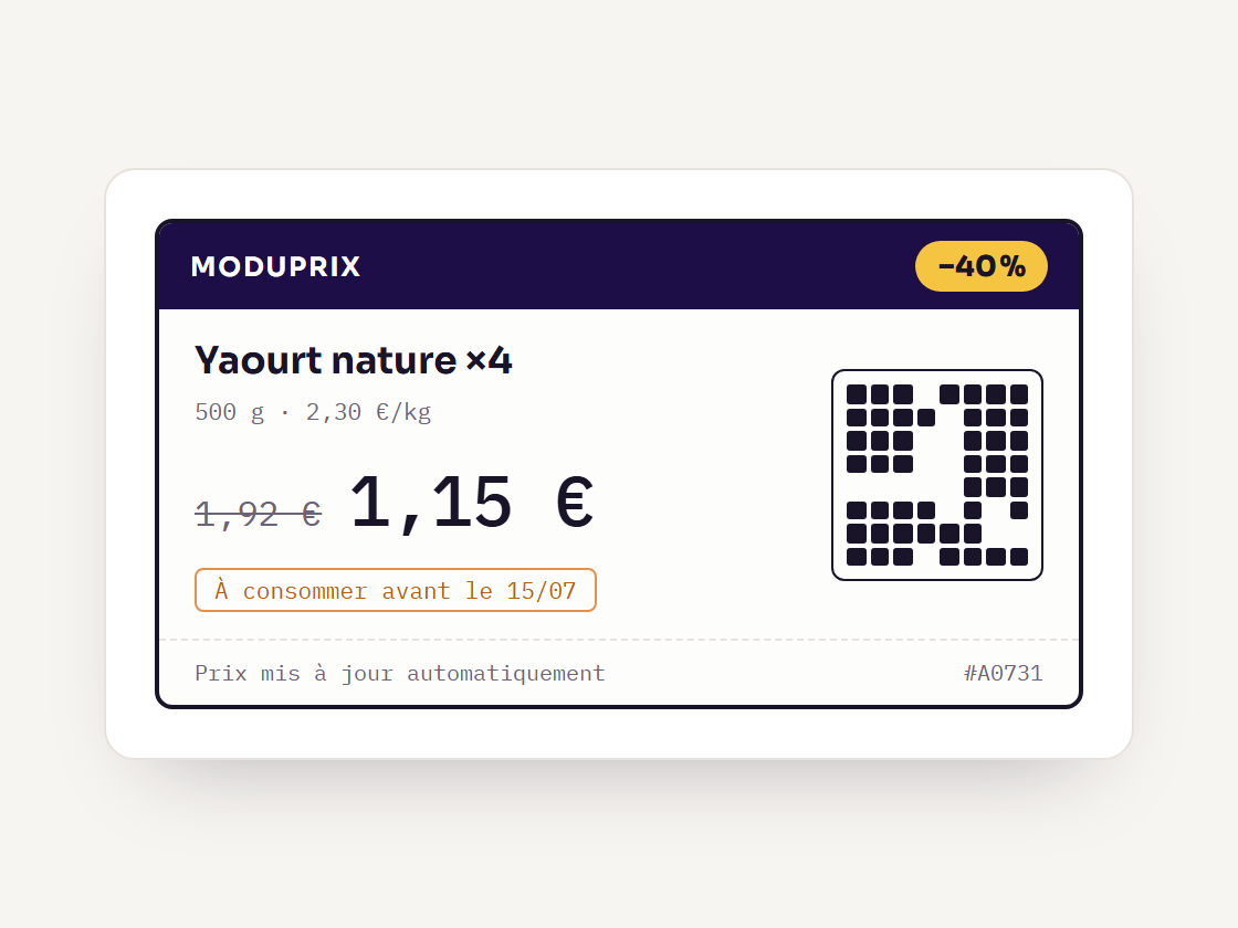Exemple d'étiquette dynamique ModuPrix avec remise et QR code
